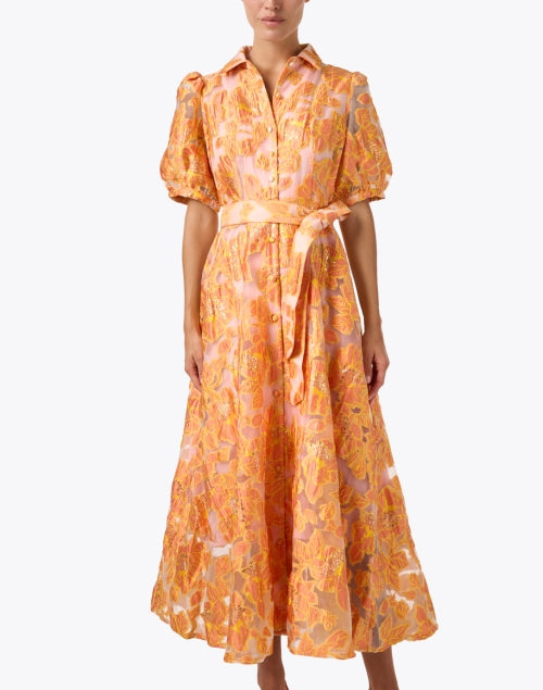 Elegant Charlotte Women's Gold and Orange Floral Print Long Dress