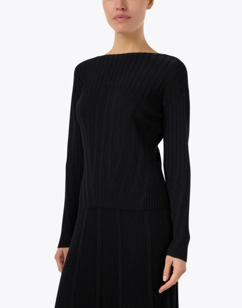 Stylish Black Ribbed Knit Boat - Neck Top by Lafayette 148 New York