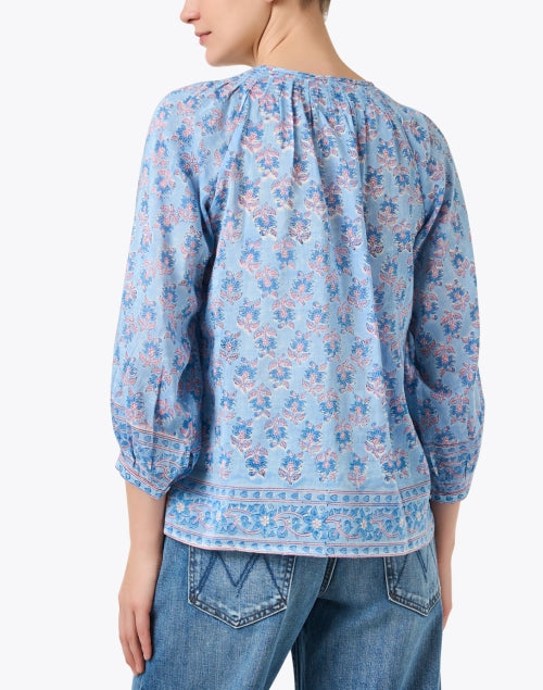 Courtney Women's Fashionable Blue and Pink Printed Cotton - Silk Blend Top