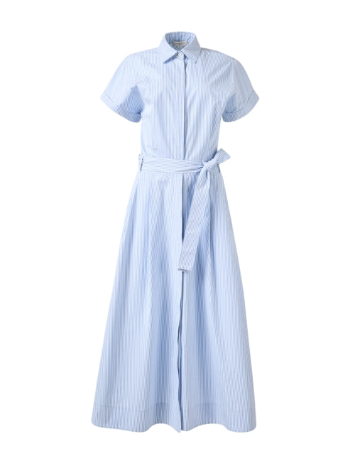 Stylish Blue Striped Cotton A-Line Shirt Dress with Self-Tie Belt