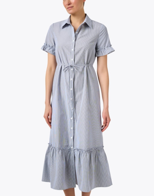 Navy and White Striped Carly Shirt Dress with Ruffle Trim