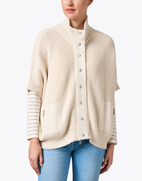 Elegant Ivory Short-Sleeved Cable Knit Snap-Button Cardigan